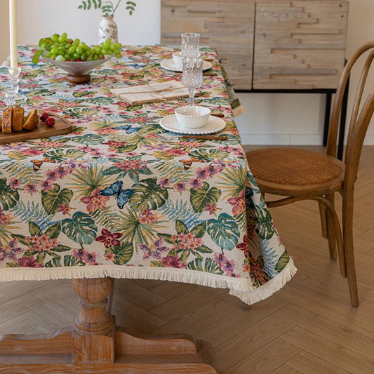 Floral Jacquard Linen Tablecloth with Fringe Trim