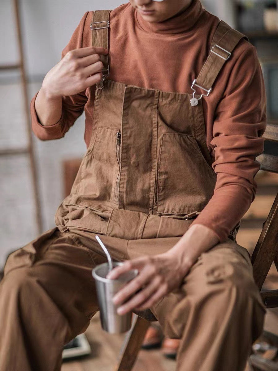 100% Cotton Loose Fit Tapered Leg Overalls with Zipper Pockets