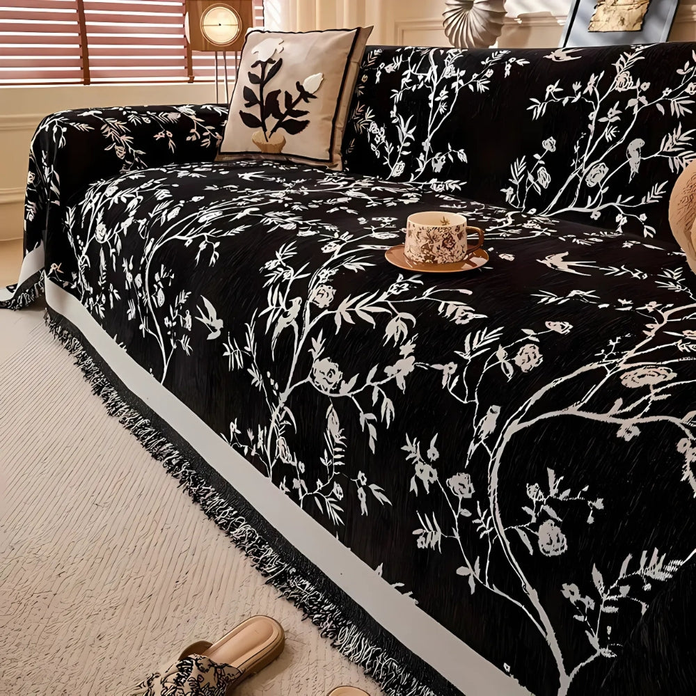 Floral Chenille Sofa Cover with Tassels