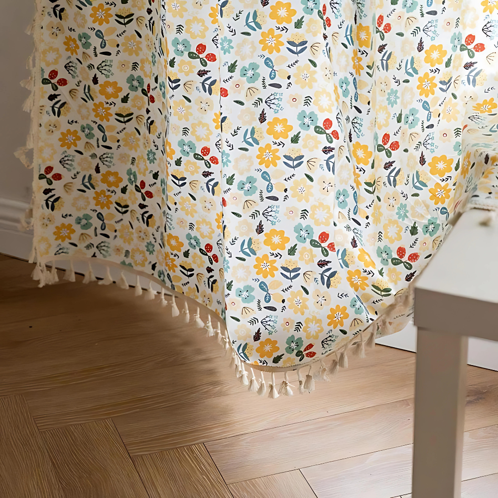 Yellow Flower Tassel Semi-Blackout Curtain