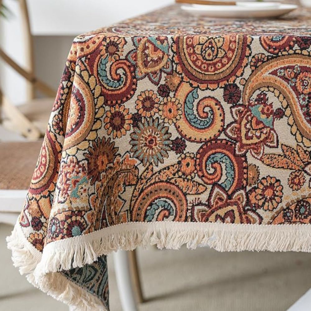 Amber Paisley Fringed Tablecloth