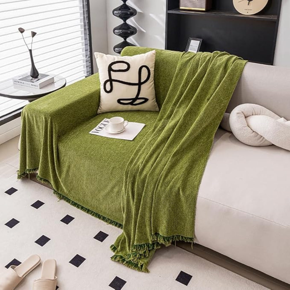 Chenille Sofa Cover with Tassels - Water-Resistant, Pet-Friendly