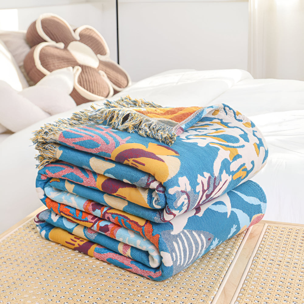 Underwater Coral Cotton Blanket with Colorful Fish Design