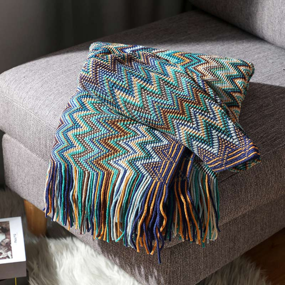 Multicolor Boho Zigzag Knit Throw Blanket with Tassels