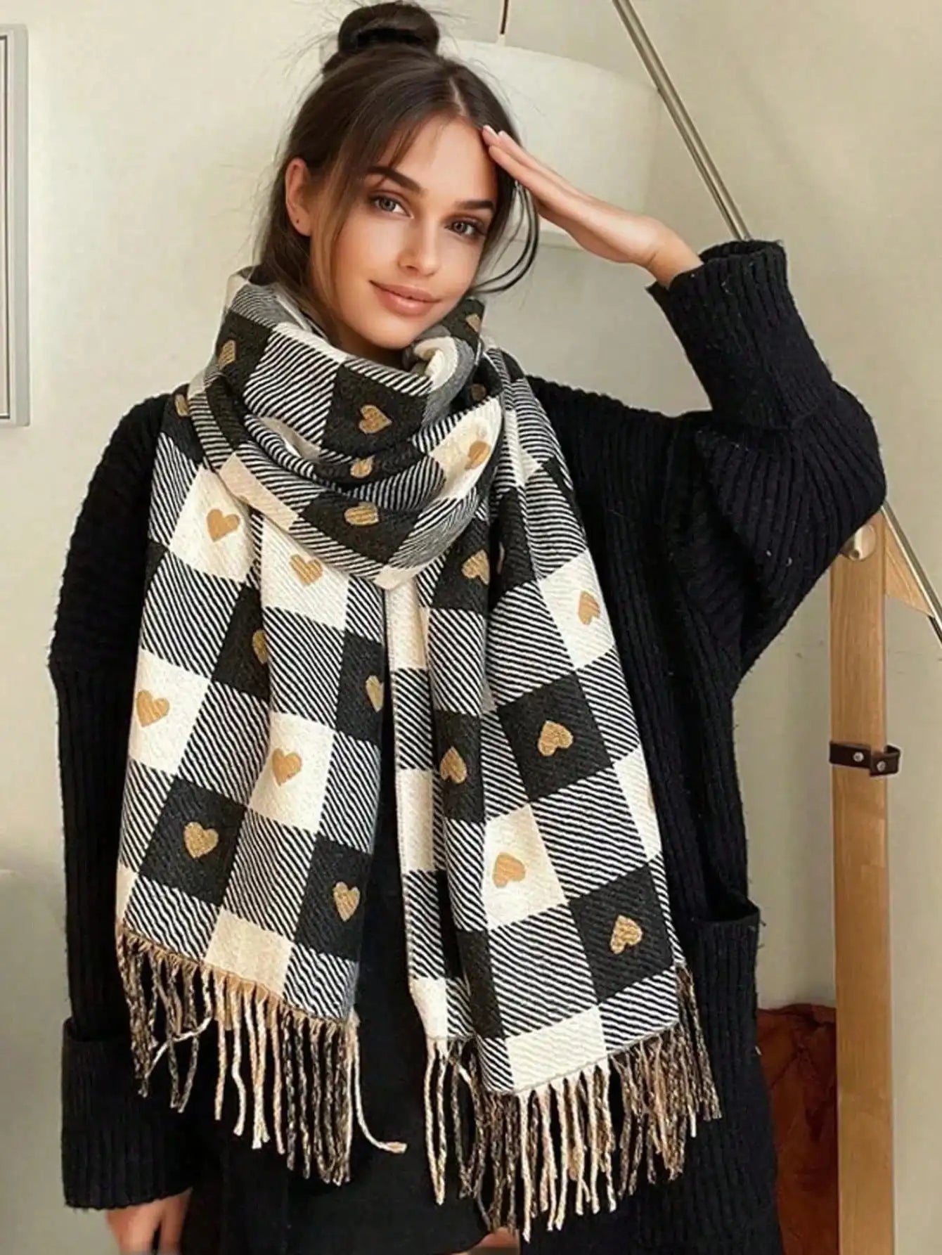 Long Checked Winter Scarf Shawl with Fringed Ends