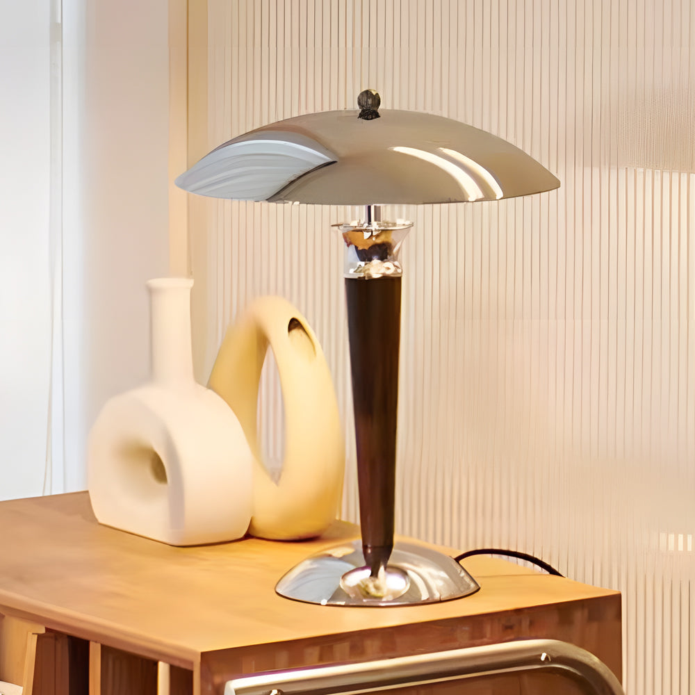 Retro Mushroom Table Lamp with Dimming Function in Chrome and Wood