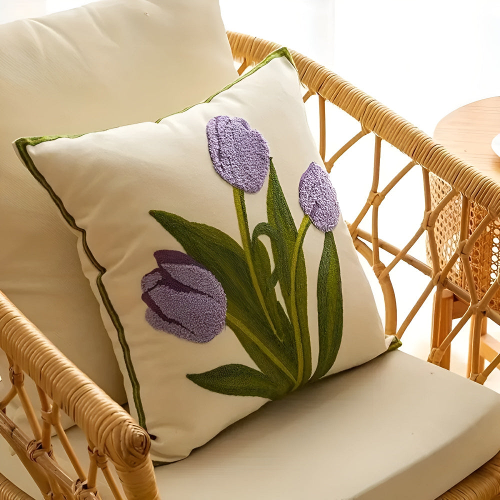 Boho-Chic Floral Embroidered Cotton Cushion Cover
