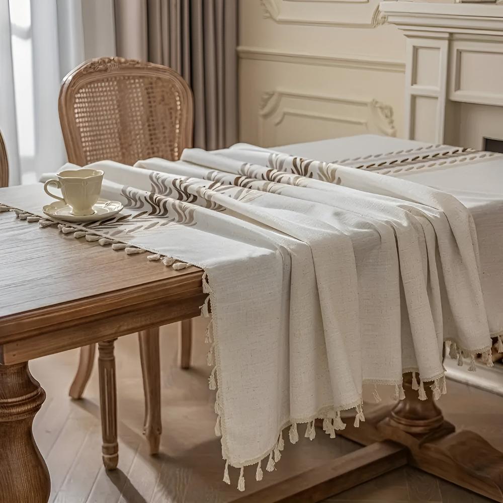 Embroidered Leaf Tablecloth with Tassel Edges
