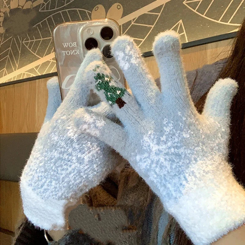 Fleece Lined Convertible Fingerless Gloves with Festive Design