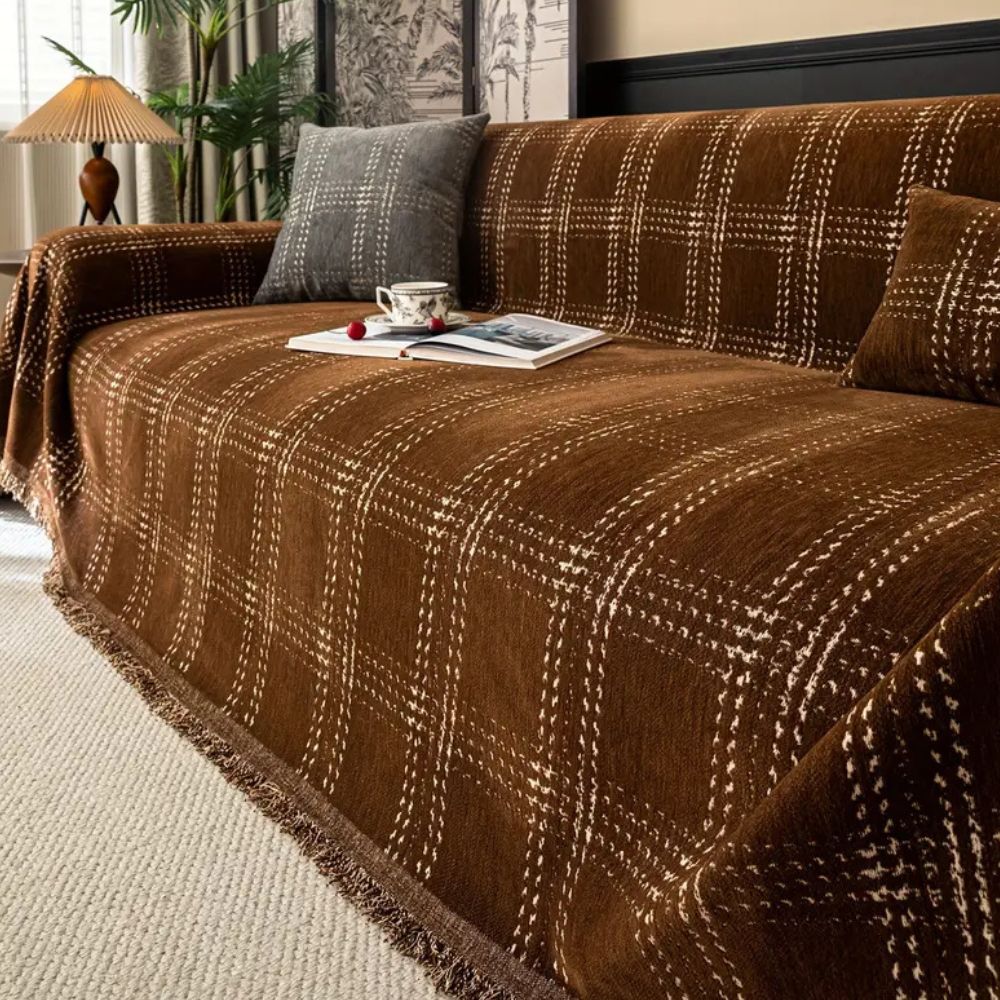Chesterfield Plaid Chenille Sofa Cover with Anti-Slip Design