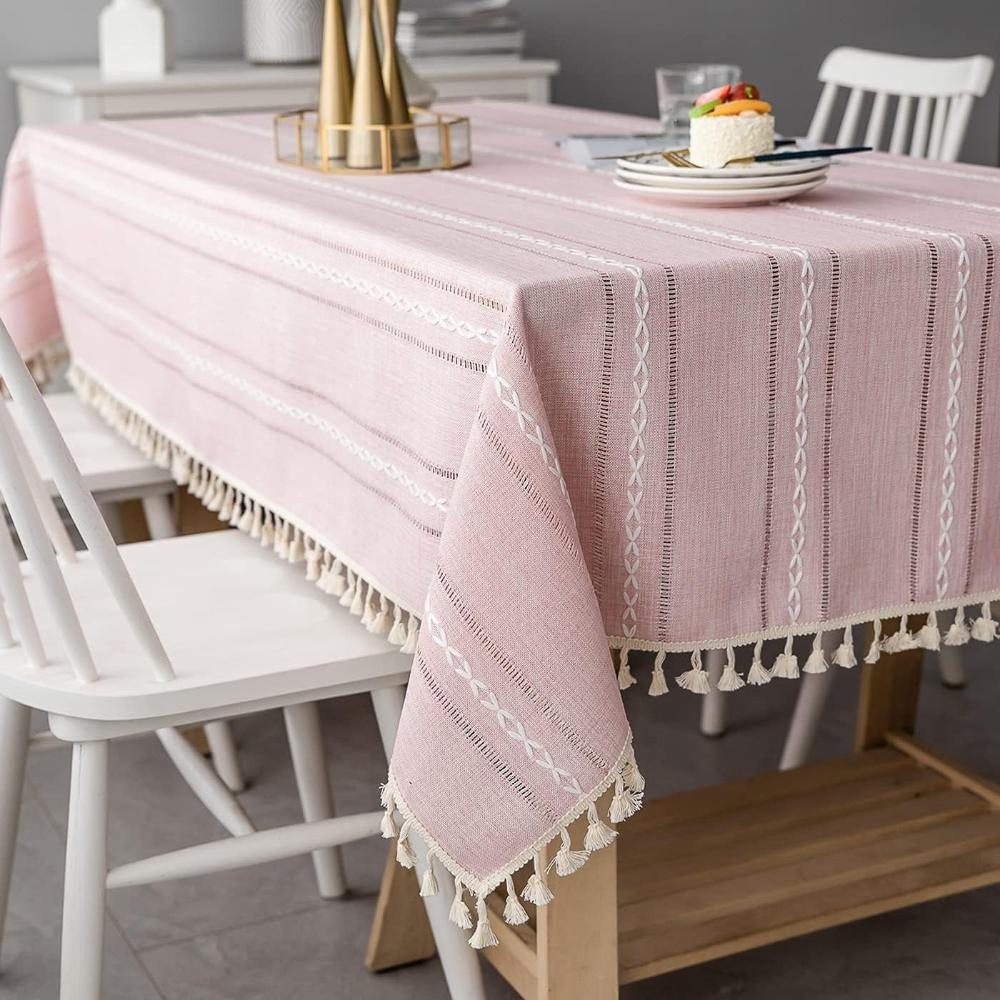 Elegant Striped Cotton Linen Tablecloth with Embroidery and Tassel Lace