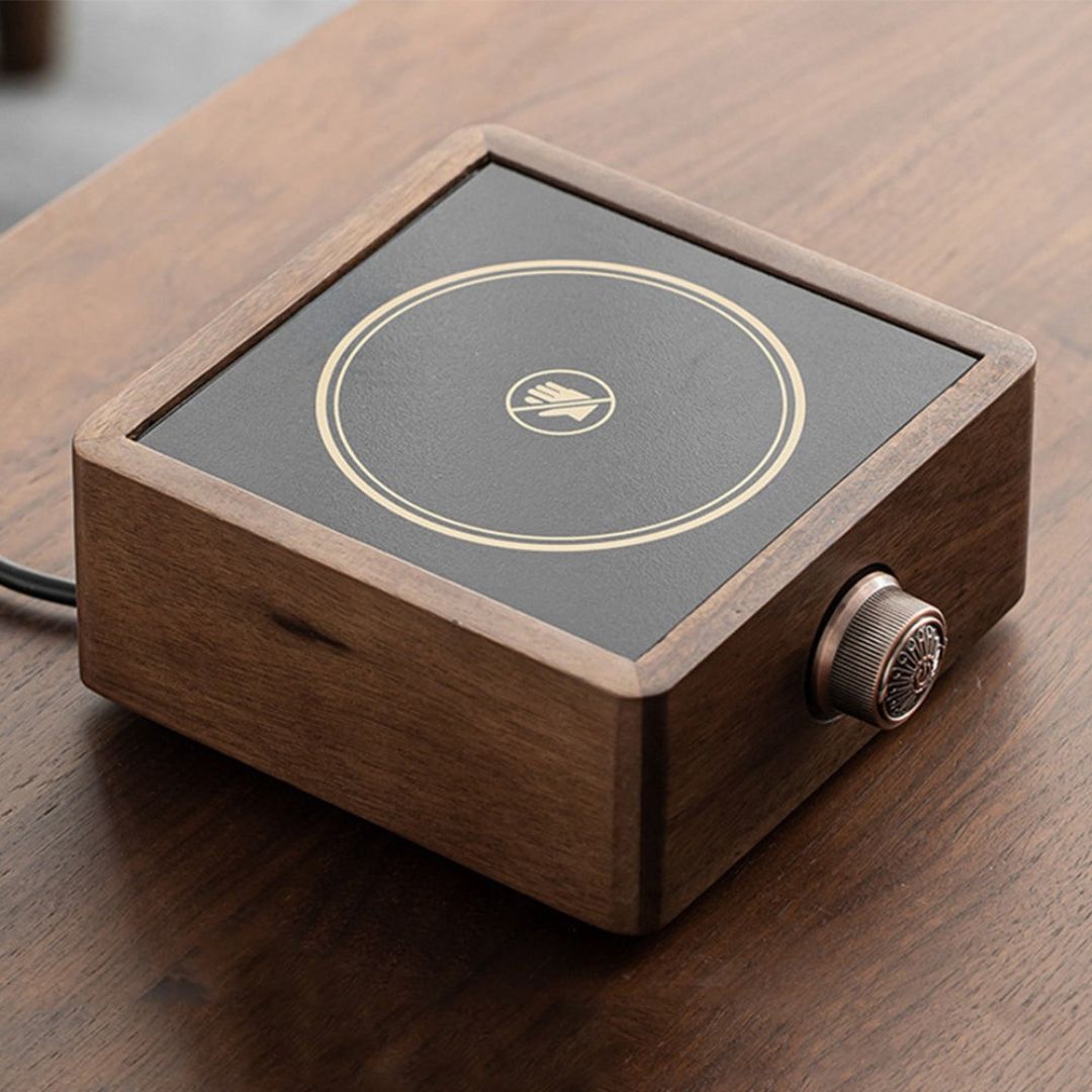 Elegant Walnut Tea Warmer with Adjustable Temperature Control