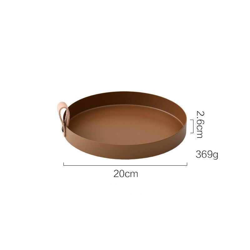 Nordic Style Leather Handle Round Wrought Iron Tray