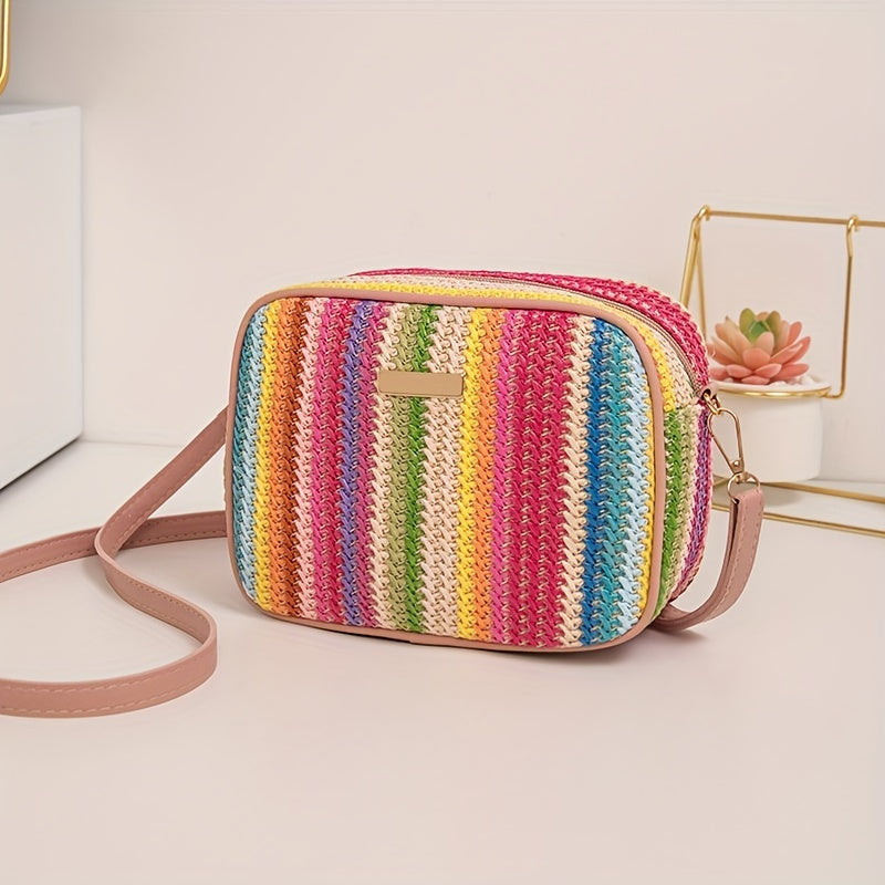 Woven Striped Shoulder Bag for Women with Zipper Closure