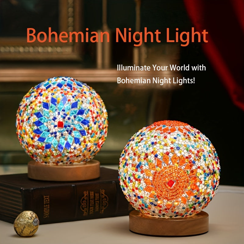 Mosaic Glass Globe Table Lamp with Wooden Base - Turkish Moroccan Style
