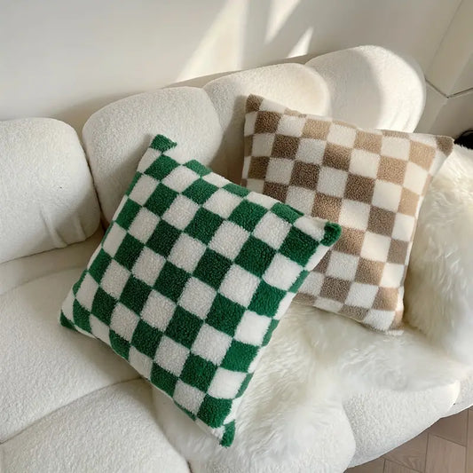 Checkerboard Faux Fur Pillowcase in Khaki and Coffee