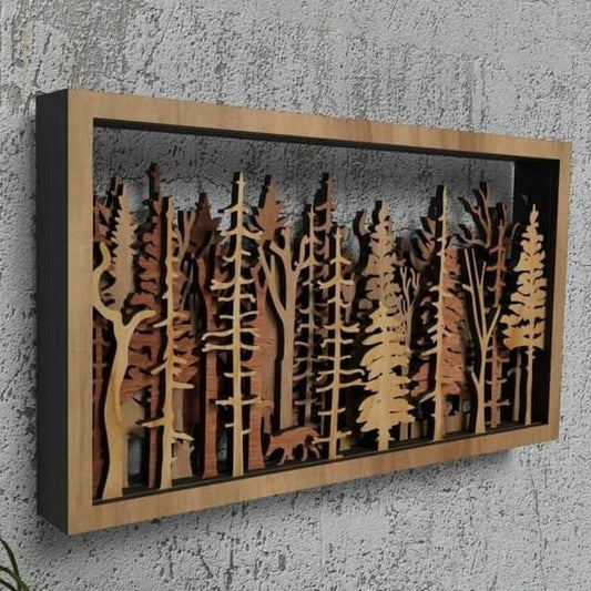 3D Wooden Forest Wall Art with Fox and Tree Silhouettes