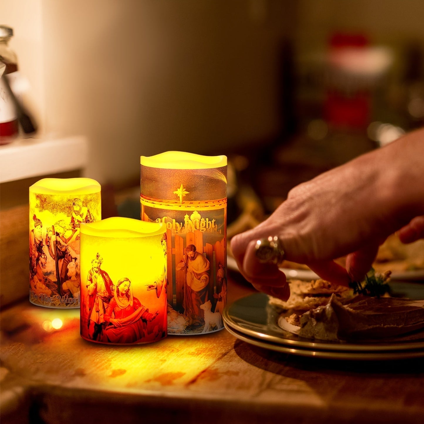 Flameless LED Christmas Candles Set with Nativity Scene – Battery-Powered Wax Lights with Timer