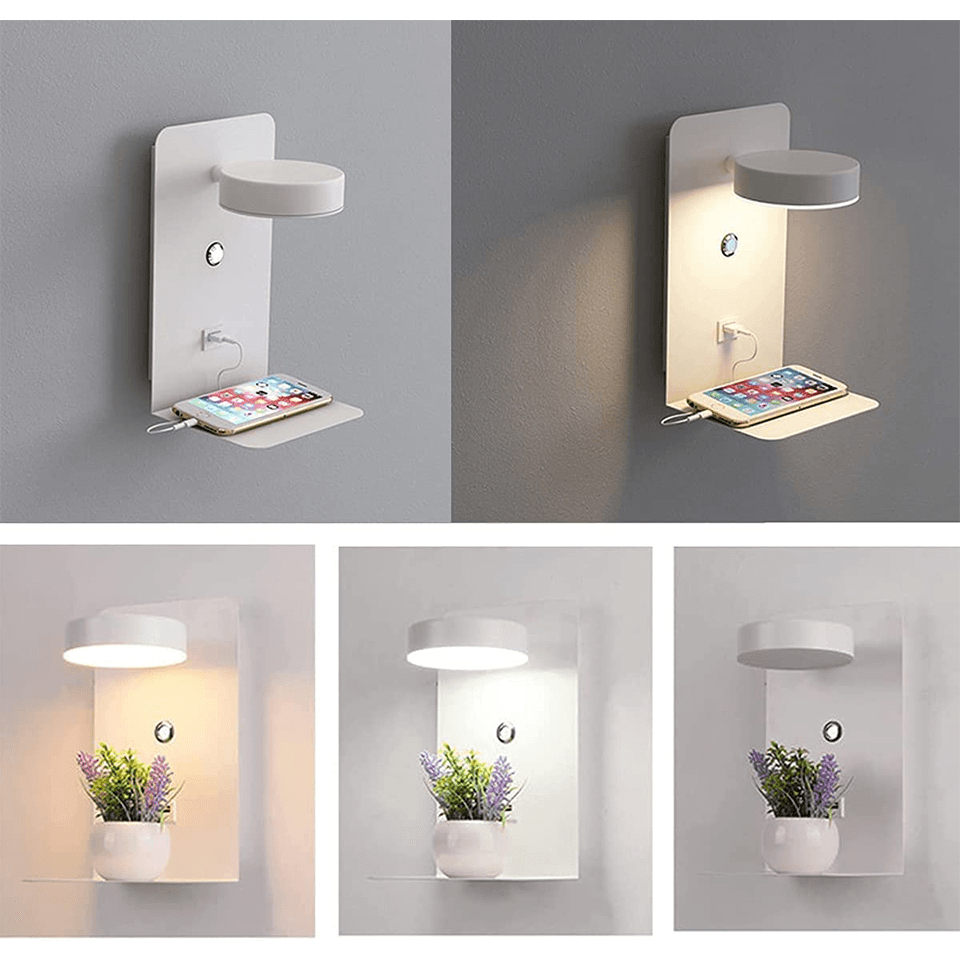 Adjustable LED Wall Lamp with Shelf and USB Charging