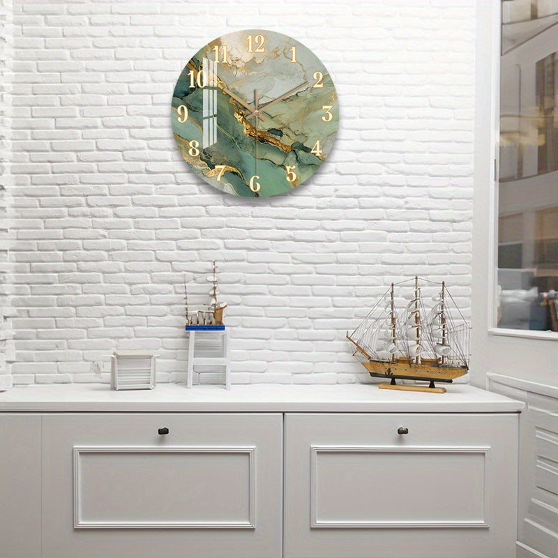 Abstract Marble Wall Clock with Gold Accents - Silent Wooden Round Design