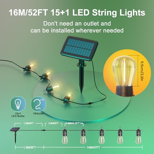 52FT Solar String Lights with Remote Control, Warm White LED, Waterproof