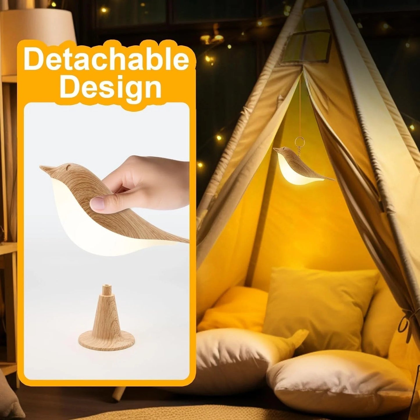 Touch-Control Wooden Bird Night Light with Aromatherapy Diffuser - Rechargeable LED Lamp