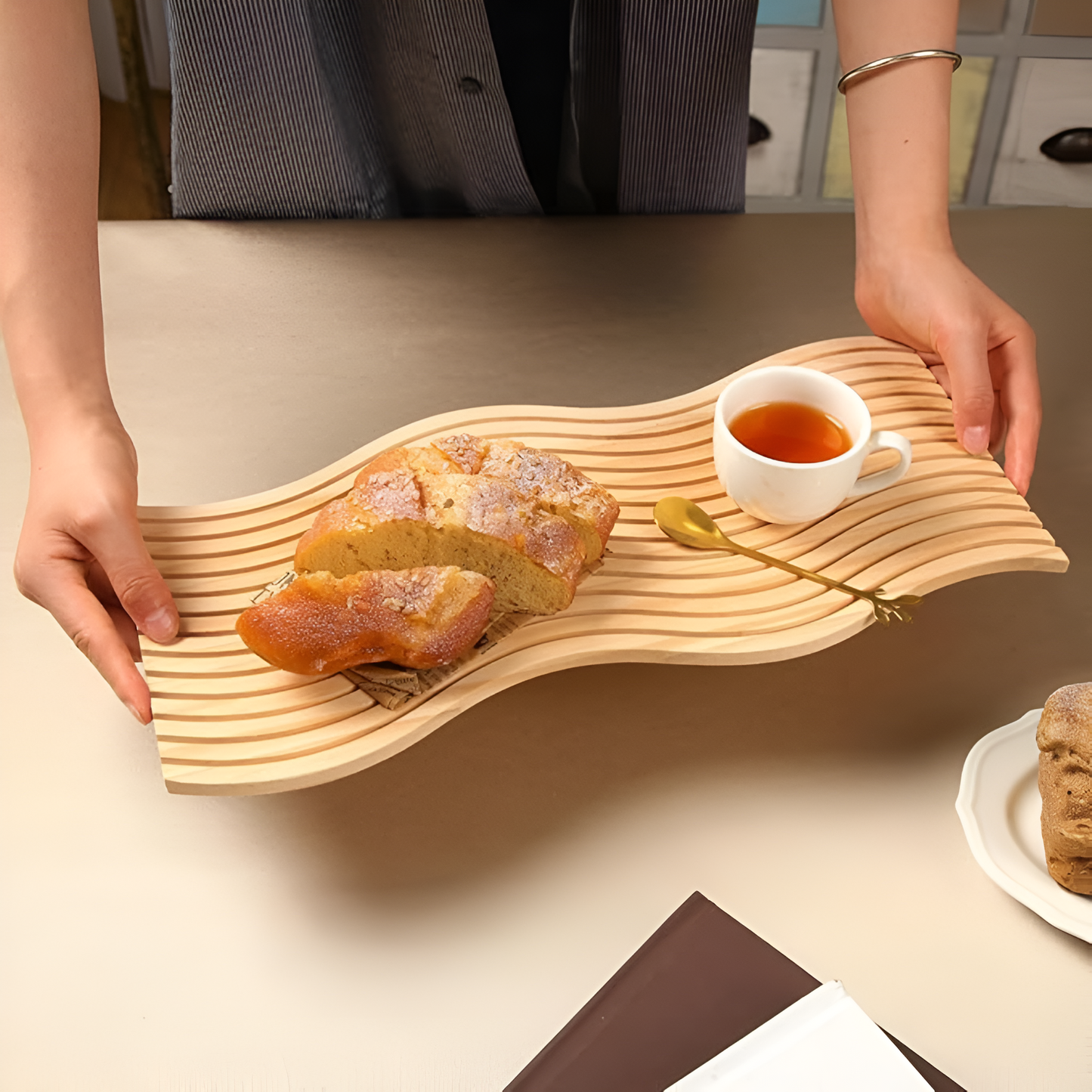 Rippled Wooden Serving Tray with Polished Finish