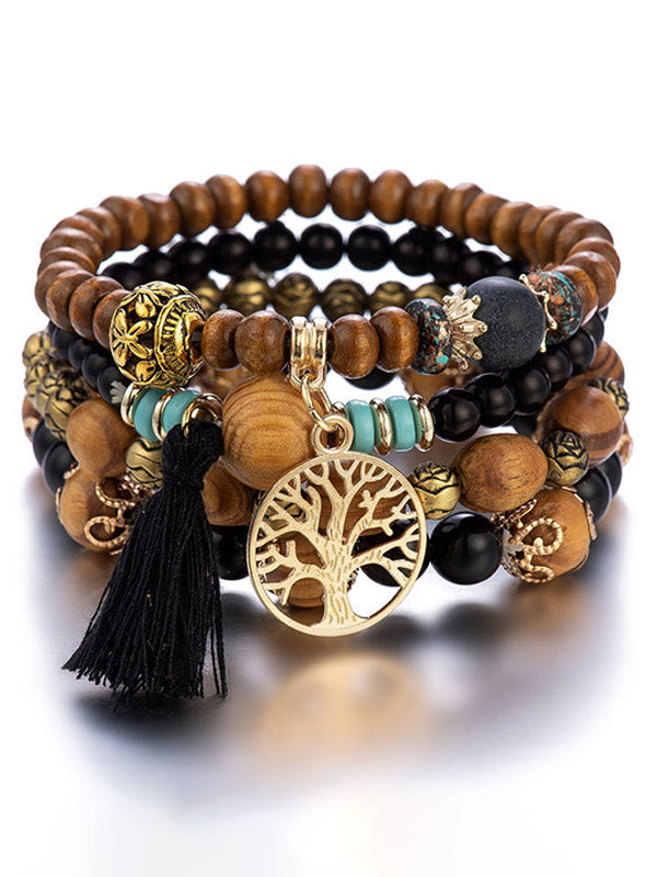 Tree of Life Beaded Bracelet Set with Golden Charm and Tassel