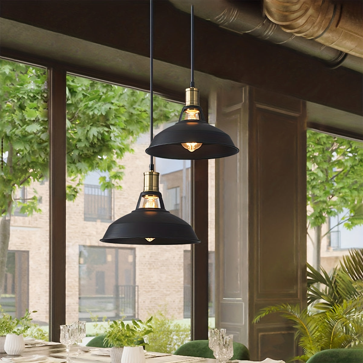 Industrial Black Metal Pendant Light Set with Brass Accents - 3-Piece