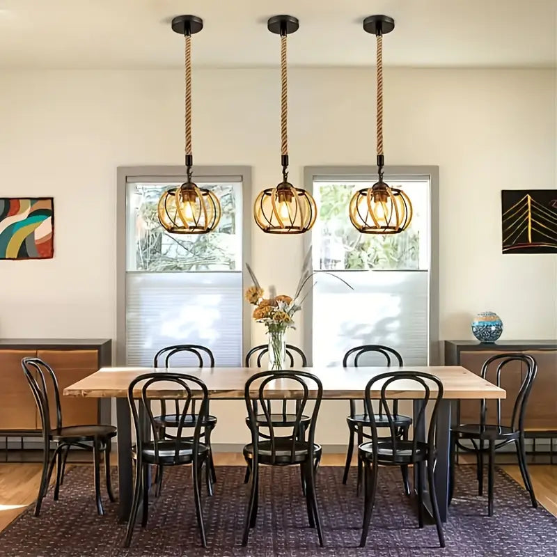Industrial Pendant Light with Braided Cord and Metal Frame