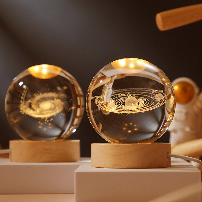 3D Solar System Crystal Ball Night Light with Wooden Base