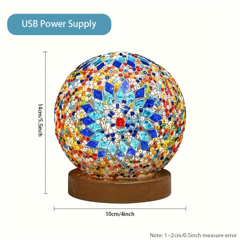 Mosaic Glass Globe Table Lamp with Wooden Base - Turkish Moroccan Style