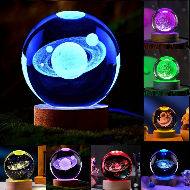 3D Crystal LED Table Lamp with Wooden Base