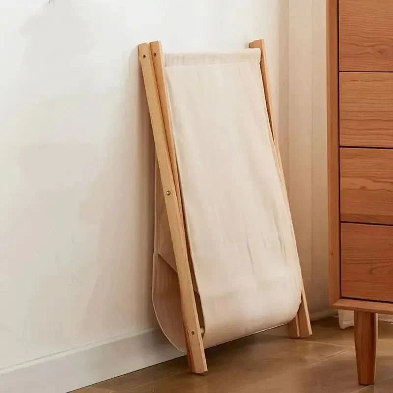 Foldable Wooden Laundry Basket with Cotton Fabric Bag