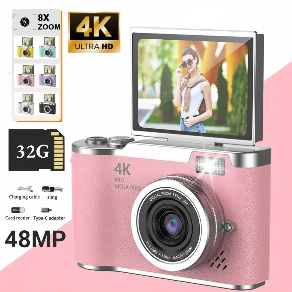 4K Digital Camera with 48MP, Flip Screen, and 8X Zoom