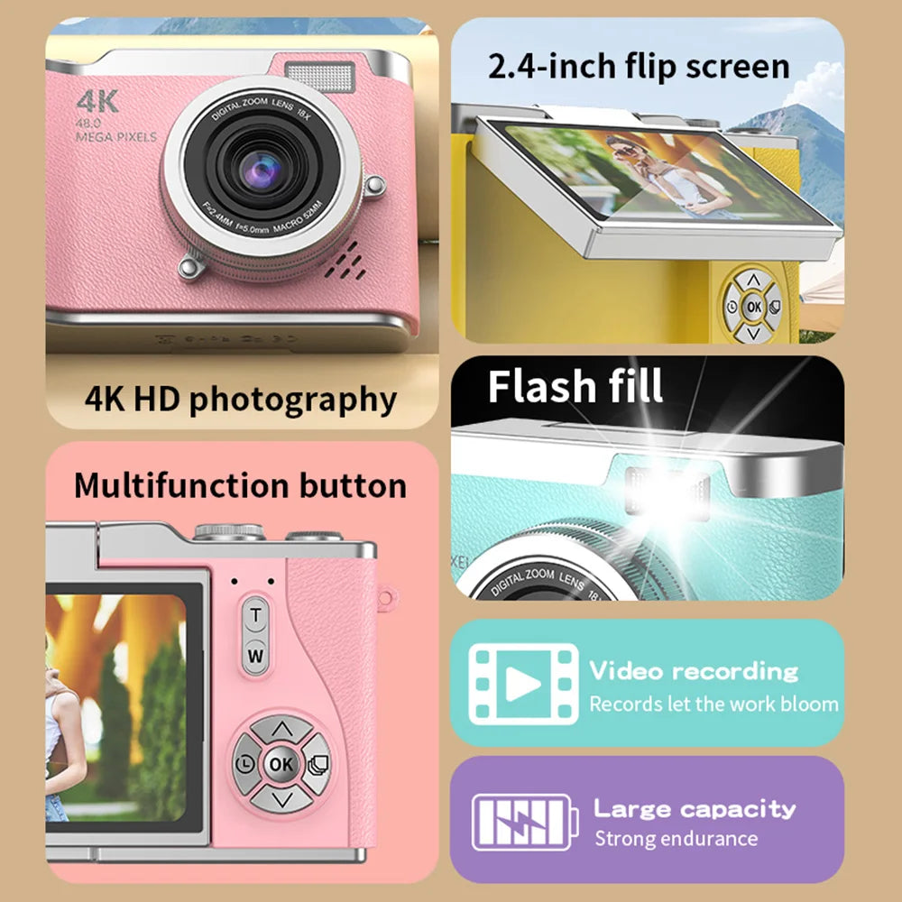 4K Digital Camera with 48MP, Flip Screen, and 8X Zoom