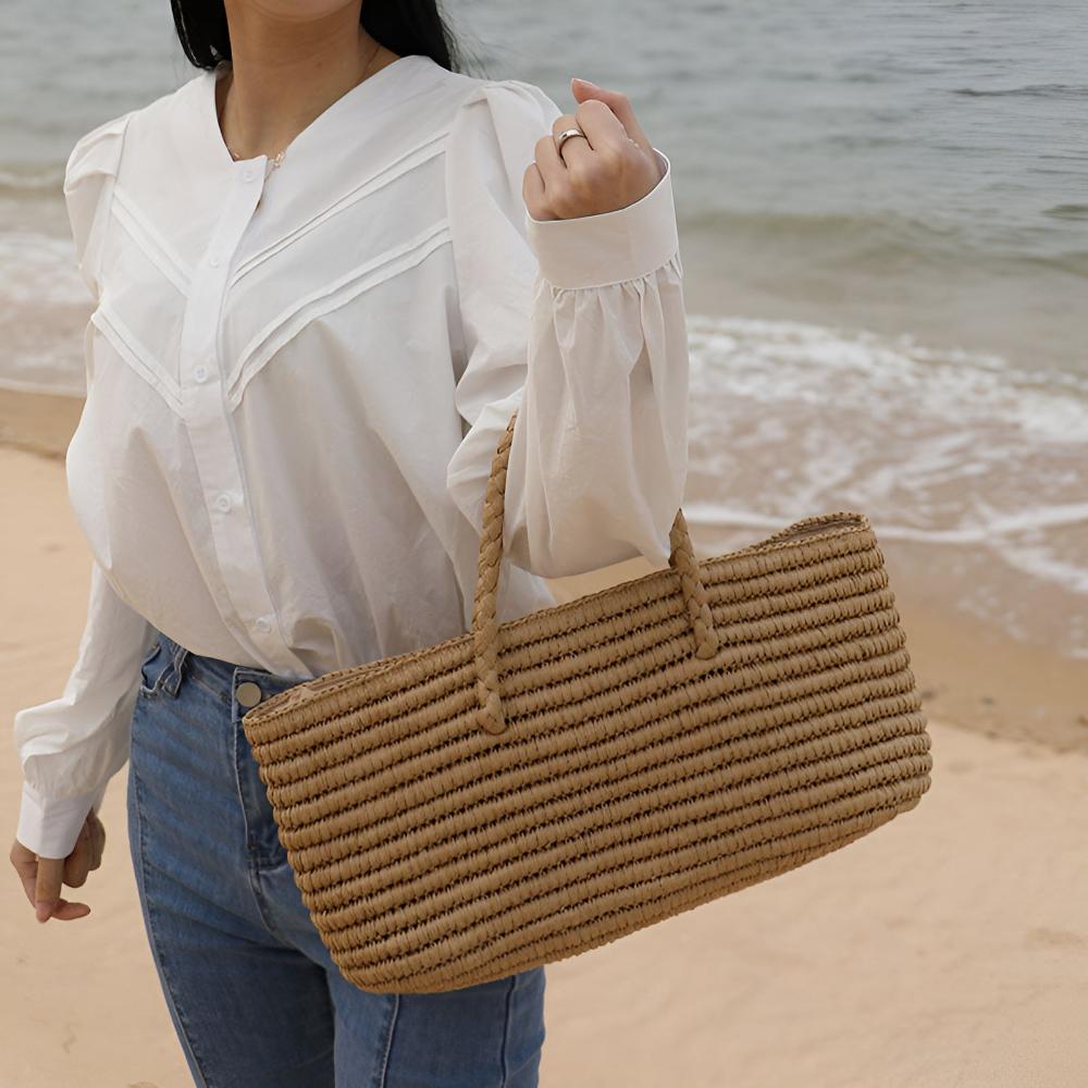 Natural Woven Straw Tote Bag with Drawstring Closure