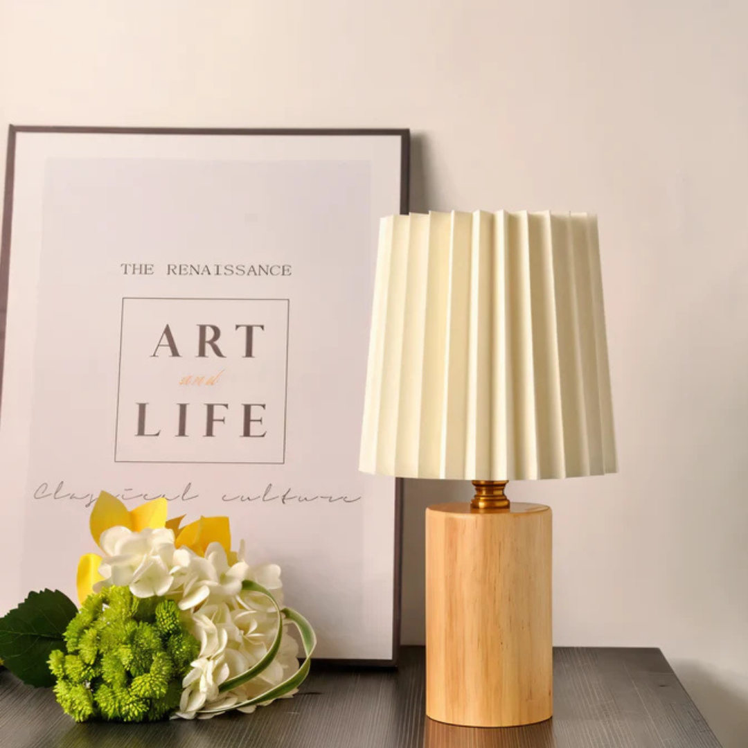 Wooden LED Table Lamp with Pleated Fabric Shade