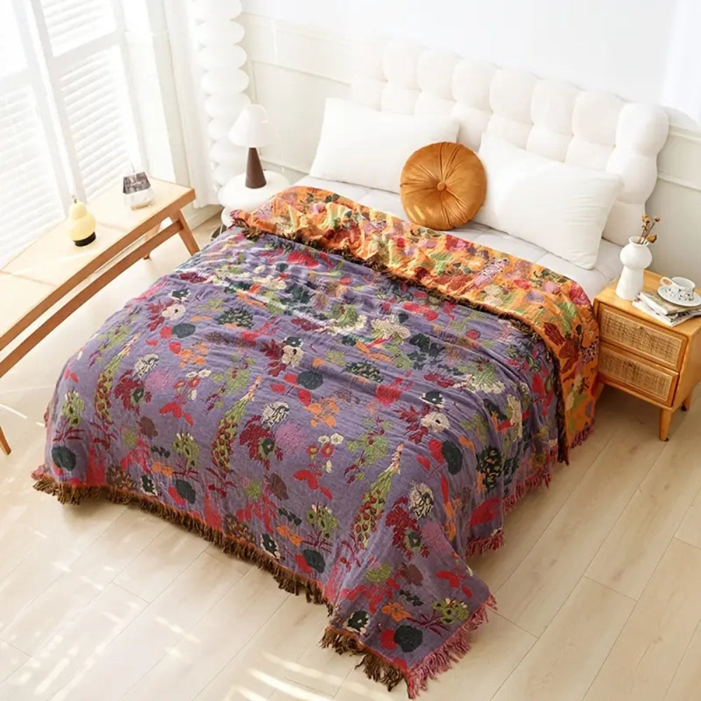Floral Jacquard Cotton Tassel Blanket