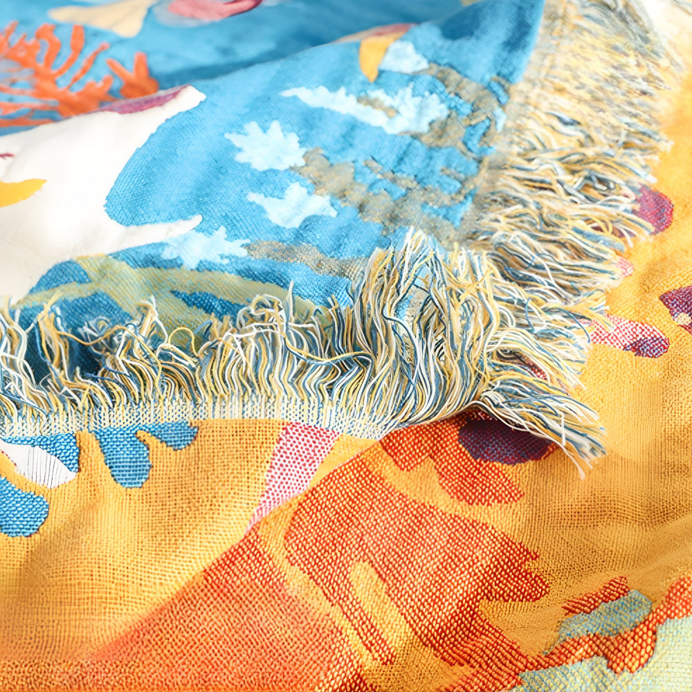Underwater Coral Cotton Blanket with Colorful Fish Design