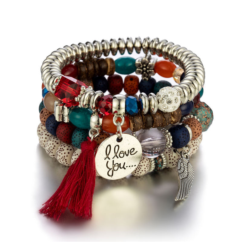I Love You Beaded Bracelet Set with Silver Charm and Tassel
