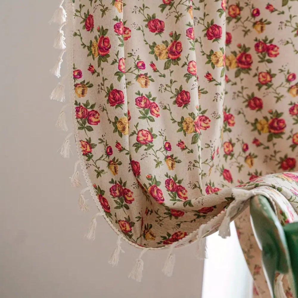 Floral Tasseled Semi-Sheer Cotton Curtain