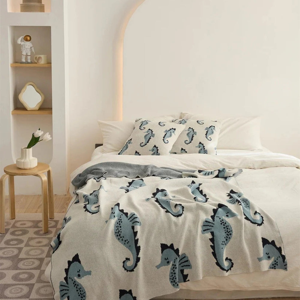 Coastal Seahorse Jacquard Knit Throw Blanket
