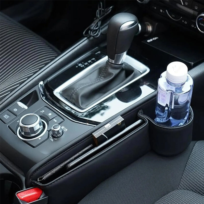 Car Seat Organizer with Charging Port - Black Leather Storage Box