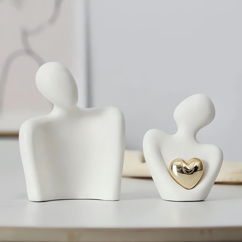 Abstract Lovers Figurine with Golden Heart - Modern Resin Sculpture