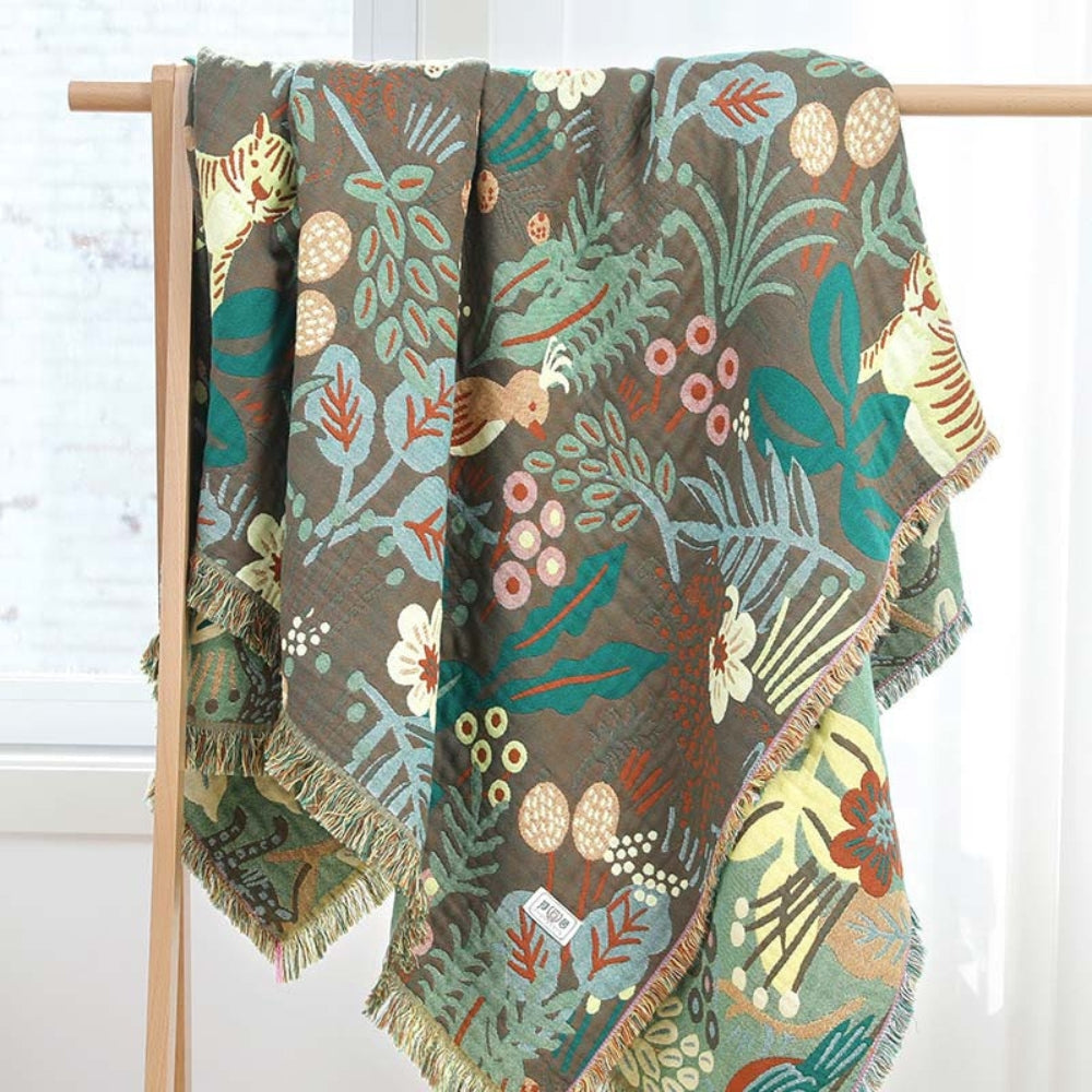 Reversible Cotton Gauze Blanket with Tassel Trim