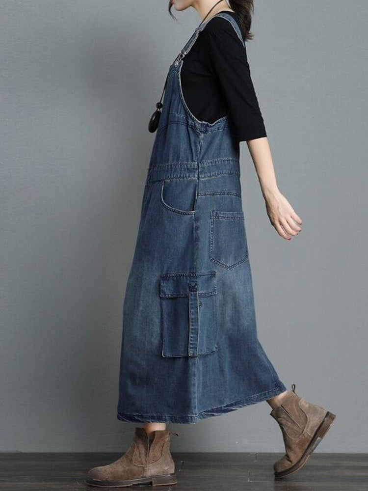 Loose Fit Vintage Denim Overall Dress with Adjustable Straps