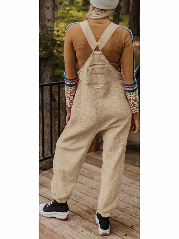 Women's Fleece Thermal Overalls with Adjustable Straps and Zippered Pockets