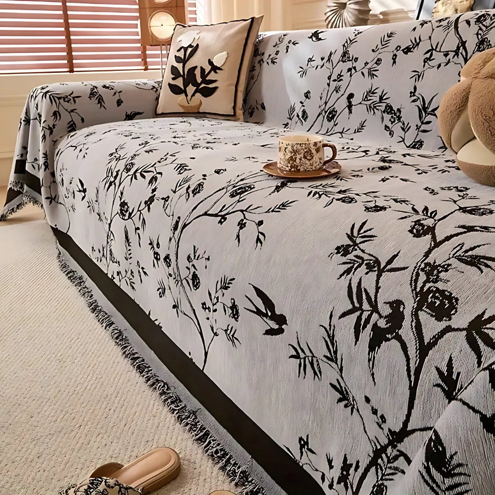Elegant Floral Chenille Sofa Cover with Tassel Trim