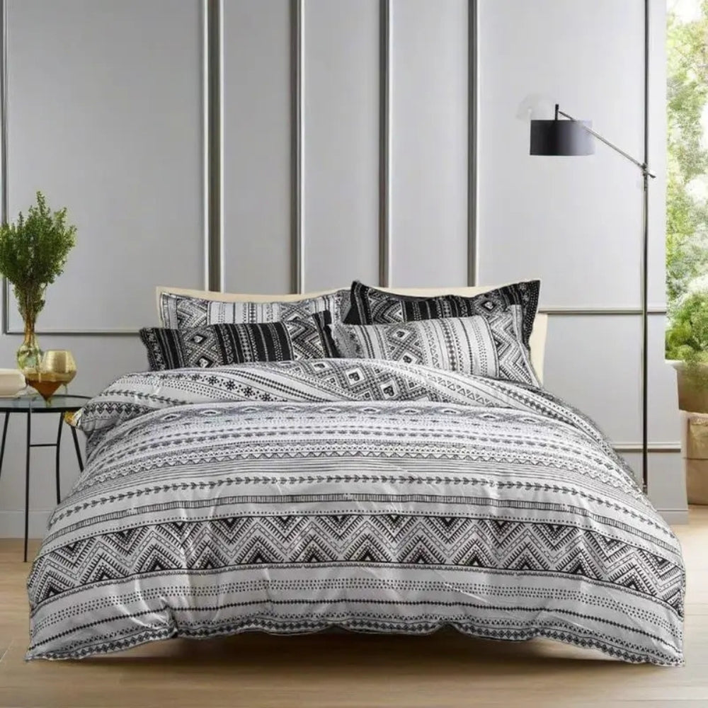 Modern Boho Geometric Duvet Cover Set in Monochrome